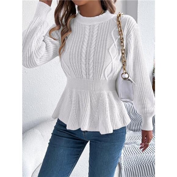 Cable Knit Round Neck Peplum Sweater - Picture 5 of 16